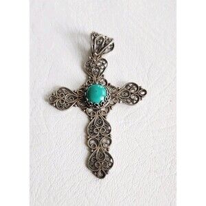 Estate DGS Turkey Sterling Silver Large Ornate Turquoise Filigree Cross Pendant